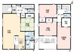 WIC・各階廊下収納あり。リビングと隣接する和室を一体利用すると約23帖の空間です。