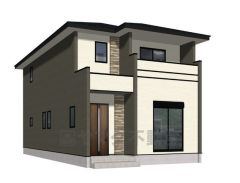（1号棟）完成予想図。ホワイト・カーキを基調としたシンプルで飽きの来ない外観です。 建物ごとに間取りや色味が異なりますので、ぜひ一度現地で見比べてください
