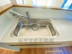 広々とした凸型シンクに洗剤ポケットを標準装備。大きなお鍋など洗いやすいです。洗剤や石鹸、スポンジもすっきりできる収納付き。