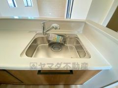 広々とした凸型シンクに洗剤ポケットを標準装備。大きなお鍋など洗いやすいです。洗剤や石鹸、スポンジもすっきりできる収納付き。