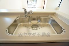 大きな鍋などもラクラク洗えるワイドサイズを採用。排水口が奥なので水の流れもスムーズです。浄水器内蔵型シャワー水栓つき。