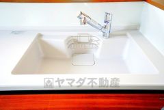 広々とした凸型シンクに洗剤ポケットを標準装備。大きなお鍋など洗いやすいです。洗剤や石鹸、スポンジもすっきりできる収納付き。