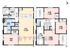 リビング約20帖の大空間。隣接する洋室と一体利用すると約26帖の空間です＾＾ 2面バルコニーで日当たり風通し良好。5.1帖の大容量ウォークインクローゼット完備＾＾