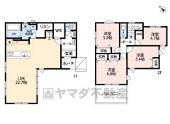 LDK広々22.7帖。IC・バルコニー有。 2階洋室4部屋。全居室フローリングでお掃除ラクラク。3面採光＾＾