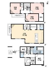 LDK広々19.1帖。 バルコニー2か所・WIC・パントリー・納戸2か所。 ご家族のコミュニケーションが増えるリビング階段です。