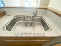 広々とした凸型シンクに洗剤ポケットを標準装備。大きなお鍋など洗いやすいです。洗剤や石鹸、スポンジもすっきりできる収納付き。