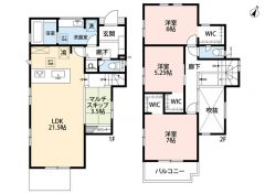 LDK広々21.5帖。マルチスキップ・WIC3カ所・バルコニー。全居室大型収納。吹き抜け＾＾