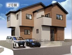 完成予想図。ブラウンを基調としたシンプルで飽きの来ない外観です。建物ごとに間取りや色味が異なりますので、ぜひ一度現地で見比べてください。