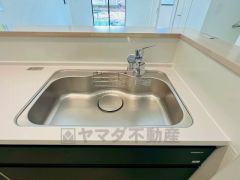 広々とした凸型シンクに洗剤ポケットを標準装備。大きなお鍋など洗いやすいです。洗剤や石鹸、スポンジもすっきりできる収納付き。