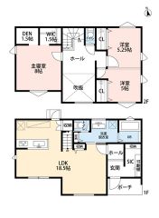 約18.5帖のLDKには中心にリビング階段を採用＾＾主寝室にWICと書斎スペース付きです＾＾2ドア仕様の洋室があり、将来は仕切って2部屋へできますよ。