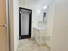 三面鏡つき洗面台。収納も一体型になっているので、ドライヤーやヘアアイロンの置き場に困りませんね。