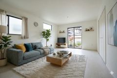 家具・インテリアはCGイメージ画像です。大きな窓のあるリビングは、陽光あふれる明るい空間です。居心地良く、ご家族皆がゆったり寛げる憩いの空間となりそうです。