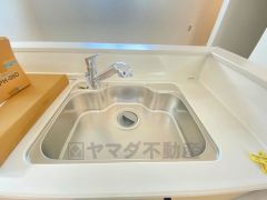 広々とした凸型シンクに洗剤ポケットを標準装備。大きなお鍋など洗いやすいです。洗剤や石鹸、スポンジもすっきりできる収納付き。