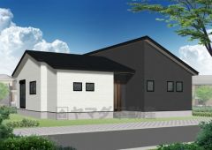 完成予想図。 平屋住宅で生活導線がスムーズです＾＾ ブラックとホワイトのツートーンカラーがおしゃれな外観。