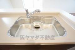 大きな鍋などもラクラク洗えるワイドサイズを採用。排水口が奥なので水の流れもスムーズです。浄水器内蔵型シャワー水栓つき。