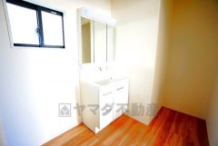 レバーシャワーで引き出して使用できます。収納も一体型になっているので、ドライヤーやヘアアイロンの置き場に困りませんね。