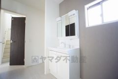 収納が隠れて使いやすい、シャワー付き三面鏡洗面ドレッサーです。朝の準備もぬかりなくできます。