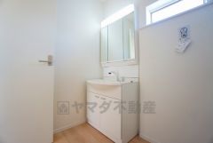 レバーシャワーで引き出して使用できます。収納も一体型になっているので、ドライヤーやヘアアイロンの置き場に困りませんね。