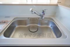 広々とした凸型シンクに洗剤ポケットを標準装備。大きなお鍋など洗いやすいです。洗剤や石鹸、スポンジもすっきりできる収納付き。