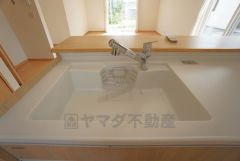 色も形もキレイなシンクは、広さも確保しているので、大きめの鍋も簡単に洗えます。