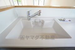 色も形もキレイなシンクは、広さも確保しているので、大きめの鍋も簡単に洗えます。