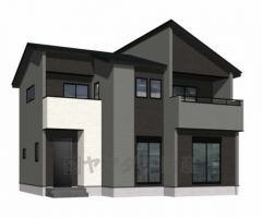 （1号棟）完成予想図。グレー・ブラックを基調としたシンプルで飽きの来ない外観です。流行に左右されないベーシックなカラーリングは、永住にふさわしい佇まいです。