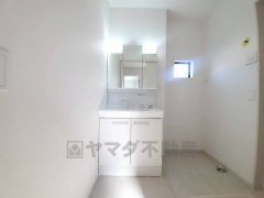 レバーシャワーで引き出して使用できます。収納も一体型になっているので、ドライヤーやヘアアイロンの置き場に困りませんね。