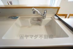 広々とした凸型シンクに洗剤ポケットを標準装備。大きなお鍋など洗いやすいです。洗剤や石鹸、スポンジもすっきりできる収納付き。