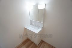 同仕様写真。収納が隠れて使いやすい、シャワー付き三面鏡洗面ドレッサーです。朝の準備もぬかりなくできます。