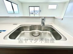 広々とした凸型シンクに洗剤ポケットを標準装備。大きなお鍋など洗いやすいです。洗剤や石鹸、スポンジもすっきりできる収納付き。