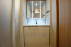 三面鏡つき洗面台。収納も一体型になっているので、ドライヤーやヘアアイロンの置き場に困りませんね。