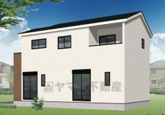 （1号棟）完成予想図。道幅が広く、車通勤の方や買い物などでの車の出し入れも楽々できて嬉しいですね。