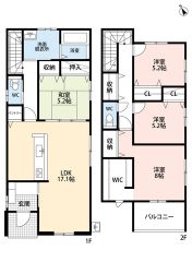 約17.1帖のLDKには約5.2帖の和室が隣接＾＾広々と使用できます＾＾約8帖の主寝室には大容量のWIC付きです＾＾