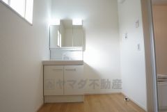 同仕様写真。レバーシャワーで引き出して使用できます。収納も一体型になっているので、ドライヤーやヘアアイロンの置き場に困りませんね。