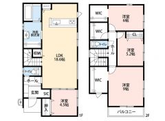 2階にはWIC2カ所とファミリークローク付き＾＾約18.6帖のLDKには約4.5帖の洋室が隣接＾＾繋げると広々とした空間として使用できます＾＾