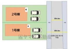 1号棟。全体区画図。 全棟カースペースは停めやすい並列駐車2台付き。