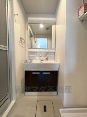 収納が隠れて使いやすい、シャワー付き三面鏡洗面ドレッサーです。朝の準備もぬかりなくできます。