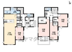 敷地面積62坪・リビングは隣接する洋室を一体利用すると約23帖の空間です＾＾ SIC・WIC2カ所・パントリー・リビング収納・廊下収納有り。
