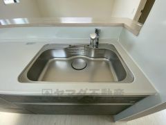 広々とした凸型シンクに洗剤ポケットを標準装備。大きなお鍋など洗いやすいです。洗剤や石鹸、スポンジもすっきりできる収納付き。