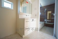 レバーシャワーで引き出して使用できます。収納も一体型になっているので、ドライヤーやヘアアイロンの置き場に困りませんね。