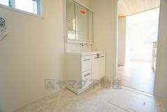 レバーシャワーで引き出して使用できます。収納も一体型になっているので、ドライヤーやヘアアイロンの置き場に困りませんね。