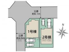2号棟。カースペースは並列2台分。 西側公道4.6ｍ、北側公道6.1ｍ。 交通量も少なく余裕を持って駐車出来ます＾＾