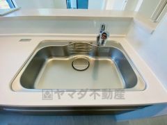 広々とした凸型シンクに洗剤ポケットを標準装備。大きなお鍋など洗いやすいです。洗剤や石鹸、スポンジもすっきりできる収納付き。