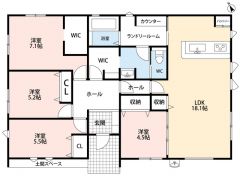 オールフローリングの平屋＾＾玄関ホールと洗面台の2方向から出入りできるファミリークローク付き＾＾キッチンにはパントリー＾＾