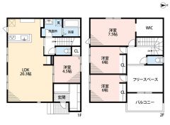 LDK約20帖。バルコニー・フリースペース・WIC有。 全居室フローリングでお掃除ラクラク＾＾