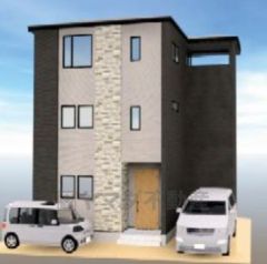 完成予想図。ブラック・ベージュを基調としたシンプルで飽きの来ない外観です。流行に左右されないベーシックなカラーリングは、永住にふさわしい佇まいです。