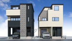 完成予想図。現況と異なる場合は現況優先となります。シンプルでいつまでも飽きのこないデザインが周囲の環境に調和し、どんなご家族にもフィットするデザインです。