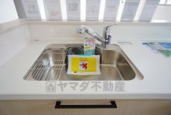 広々とした凸型シンクに洗剤ポケットを標準装備。大きなお鍋など洗いやすいです。洗剤や石鹸、スポンジもすっきりできる収納付き。