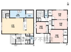 1号棟。LDK広々16帖＾＾ ご家族のコミュニケーションが増えるリビング階段です＾＾ パントリー・洗面室収納・バルコニー有＾＾ 2階洋室4部屋。全居室フローリング＾＾