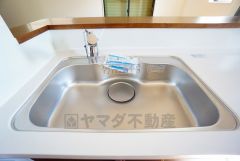 色も形もキレイなシンクは、広さも確保しているので、大きめの鍋も簡単に洗えます。